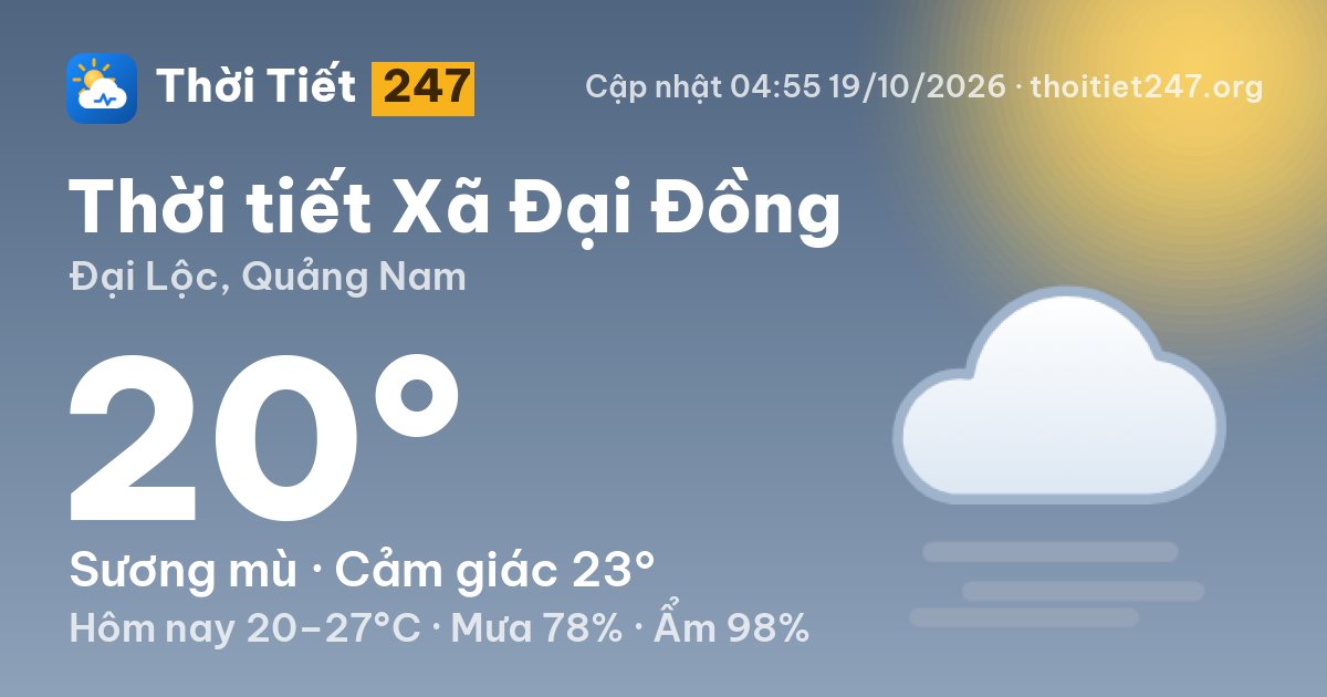Thời tiết Xã Đại Đồng hôm nay 19/10/2026: 20°C, sương mù
