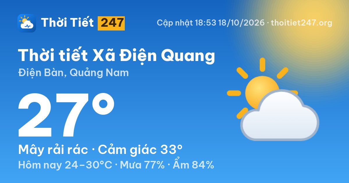 Thời tiết Xã Điện Quang hôm nay 18/10/2026: 27°C, mây rải rác