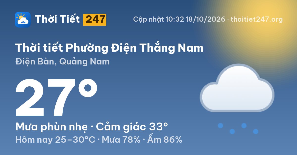 Thời tiết Phường Điện Thắng Nam hôm nay 18/10/2026: 27°C, mưa phùn nhẹ