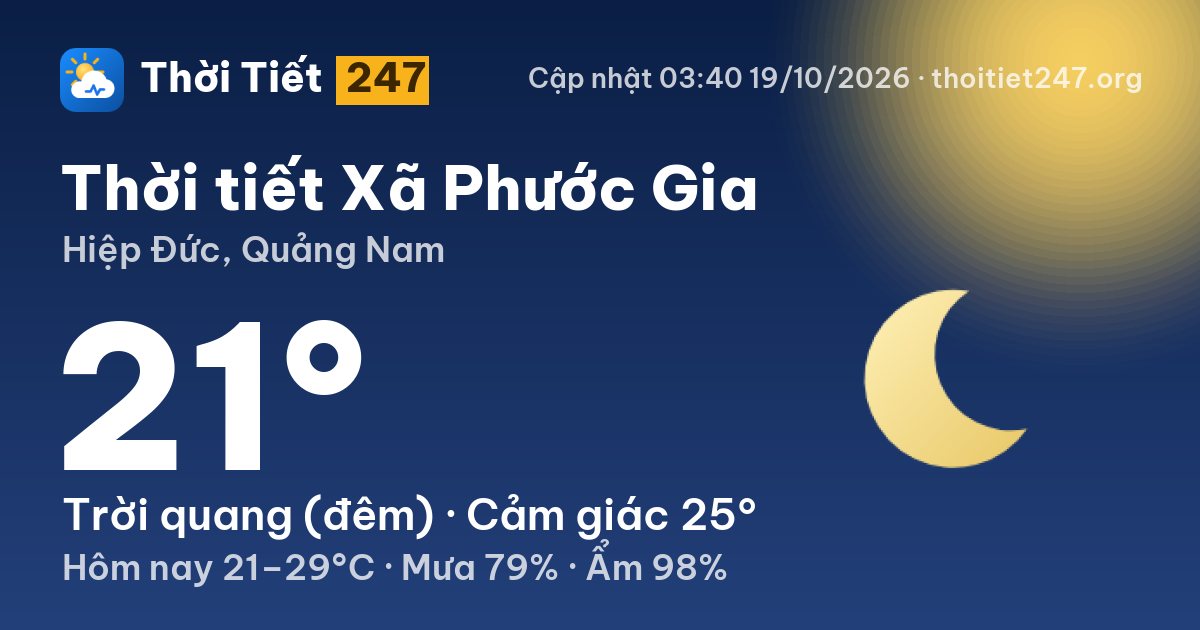 Thời tiết Xã Phước Gia hôm nay 19/10/2026: 26°C, mưa rào