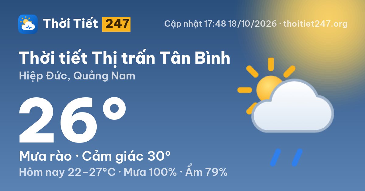 Thời tiết Thị trấn Tân Bình hôm nay 18/10/2026: 23°C, mưa phùn nhẹ