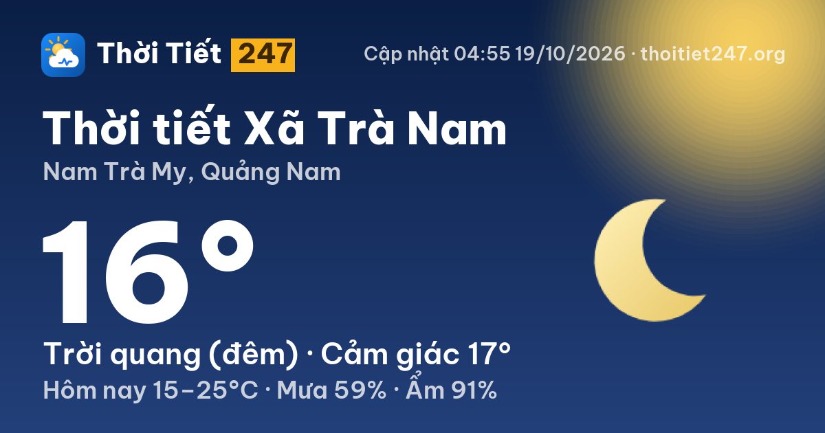 Thời tiết Xã Trà Nam hôm nay 19/10/2026: 16°C, trời quang (đêm)