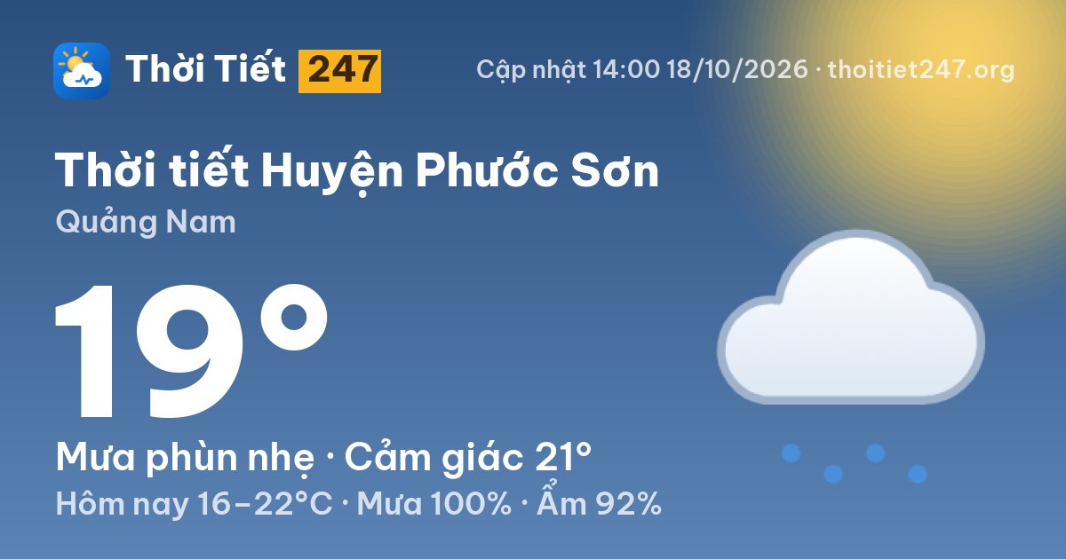 Thời tiết Huyện Phước Sơn hôm nay 18/10/2026: 19°C, mưa phùn nhẹ