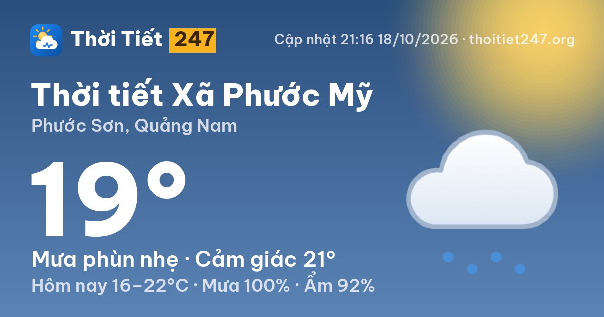 Thời tiết Xã Phước Mỹ hôm nay 18/10/2026: 19°C, mưa phùn nhẹ