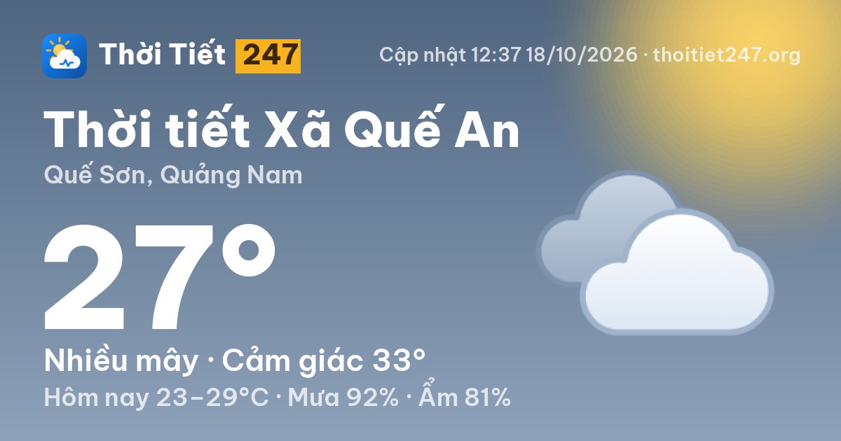Thời tiết Xã Quế An hôm nay 18/10/2026: 27°C, nhiều mây