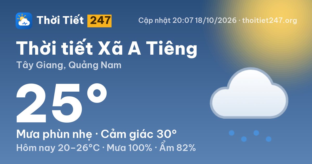 Thời tiết Xã A Tiêng hôm nay 18/10/2026: 25°C, mưa phùn nhẹ