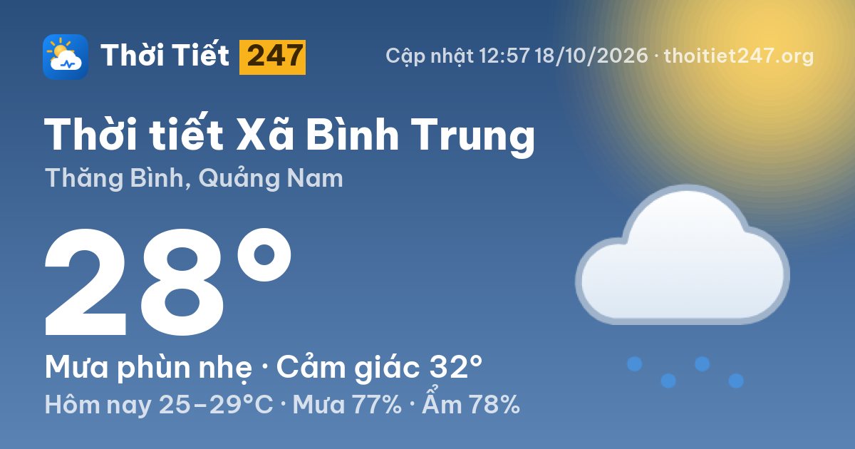 Thời tiết Xã Bình Trung hôm nay 18/10/2026: 28°C, mưa phùn nhẹ