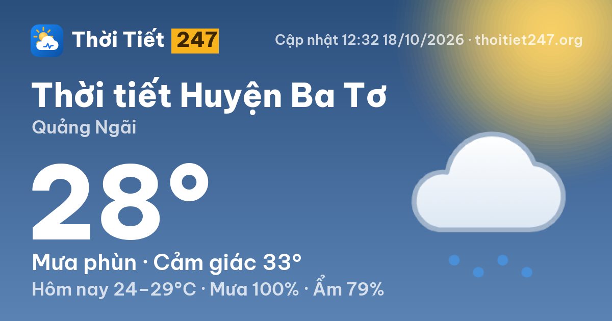 Thời tiết Huyện Ba Tơ hôm nay 18/10/2026: 25°C, nhiều mây