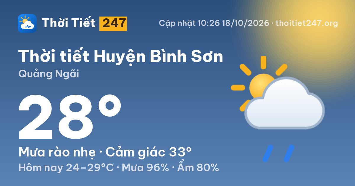 Thời tiết Huyện Bình Sơn hôm nay 18/10/2026: 26°C, nhiều mây