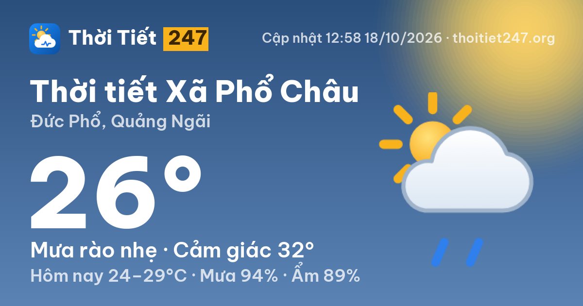 Thời tiết Xã Phổ Châu hôm nay 18/10/2026: 26°C, mưa rào nhẹ