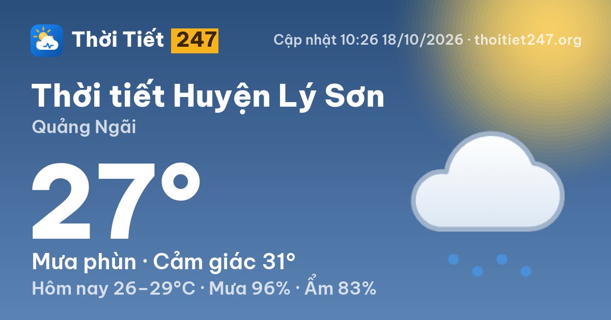Thời tiết Huyện Lý Sơn hôm nay 18/10/2026: 27°C, nhiều mây