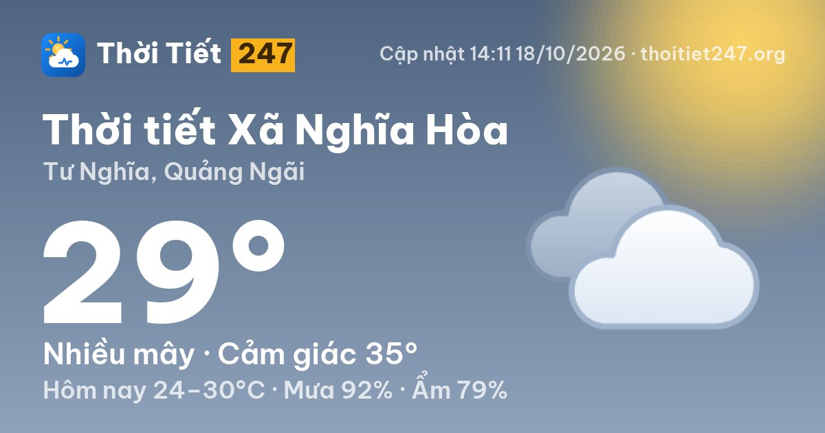 Thời tiết Xã Nghĩa Hòa hôm nay 18/10/2026: 29°C, nhiều mây