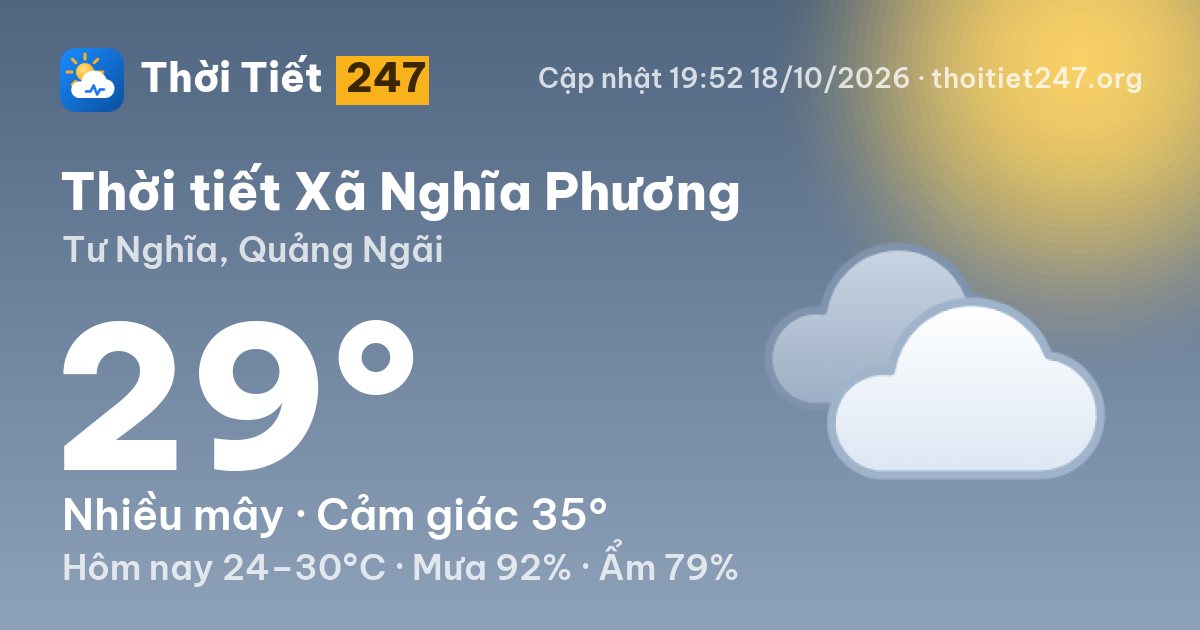 Thời tiết Xã Nghĩa Phương hôm nay 18/10/2026: 29°C, nhiều mây