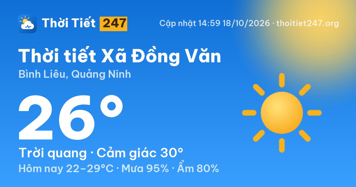 Thời tiết Xã Đồng Văn hôm nay 18/10/2026: 26°C, trời quang