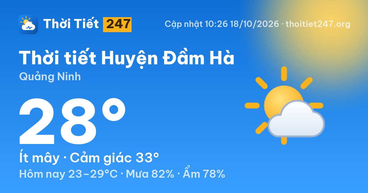 Thời tiết Huyện Đầm Hà hôm nay 18/10/2026: 26°C, trời quang
