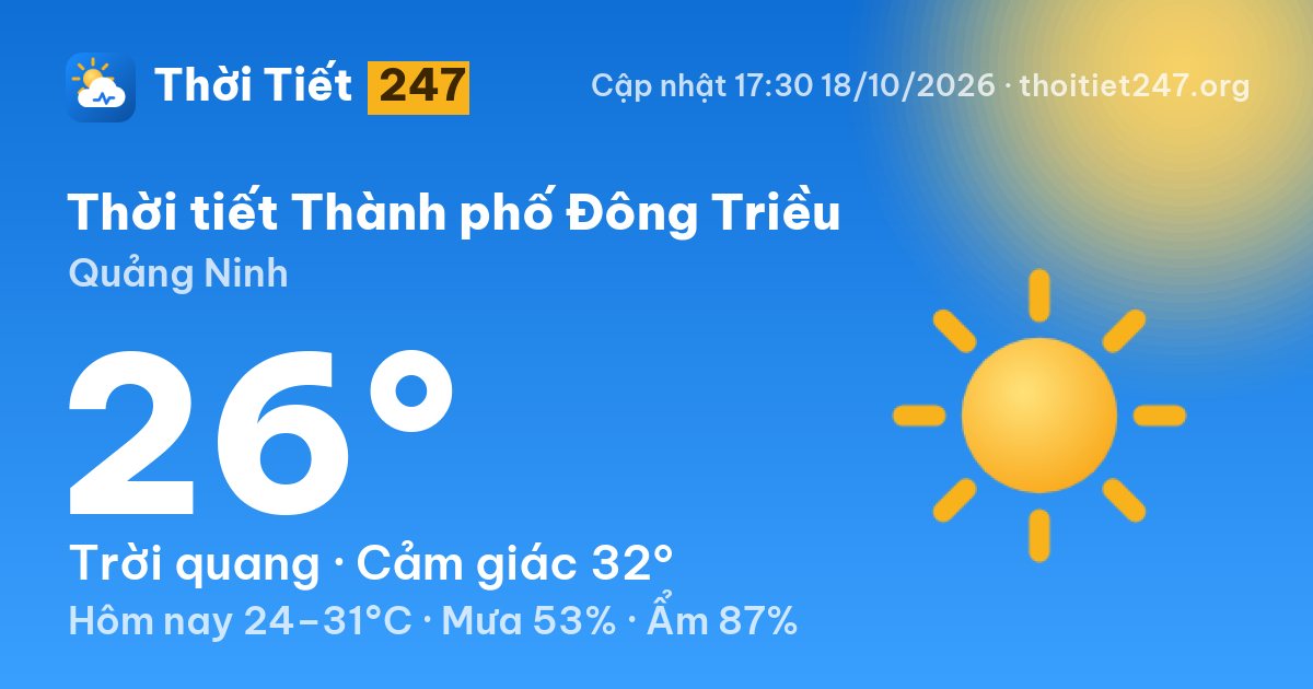 Thời tiết Thành phố Đông Triều hôm nay 18/10/2026: 26°C, trời quang