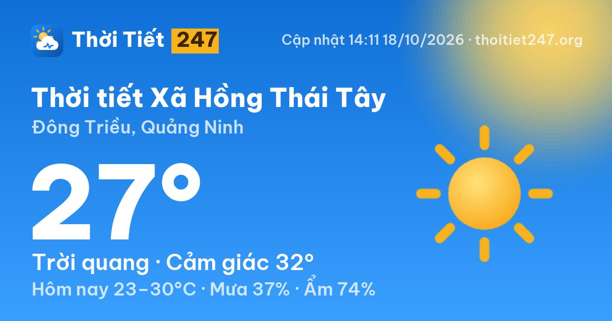 Thời tiết Xã Hồng Thái Tây hôm nay 18/10/2026: 27°C, trời quang