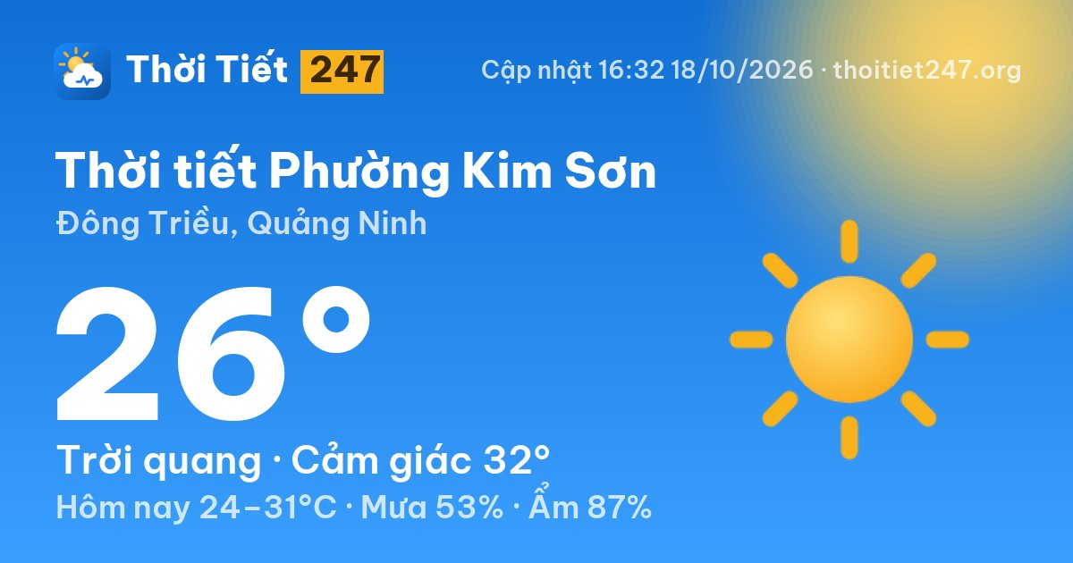 Thời tiết Phường Kim Sơn hôm nay 18/10/2026: 26°C, trời quang