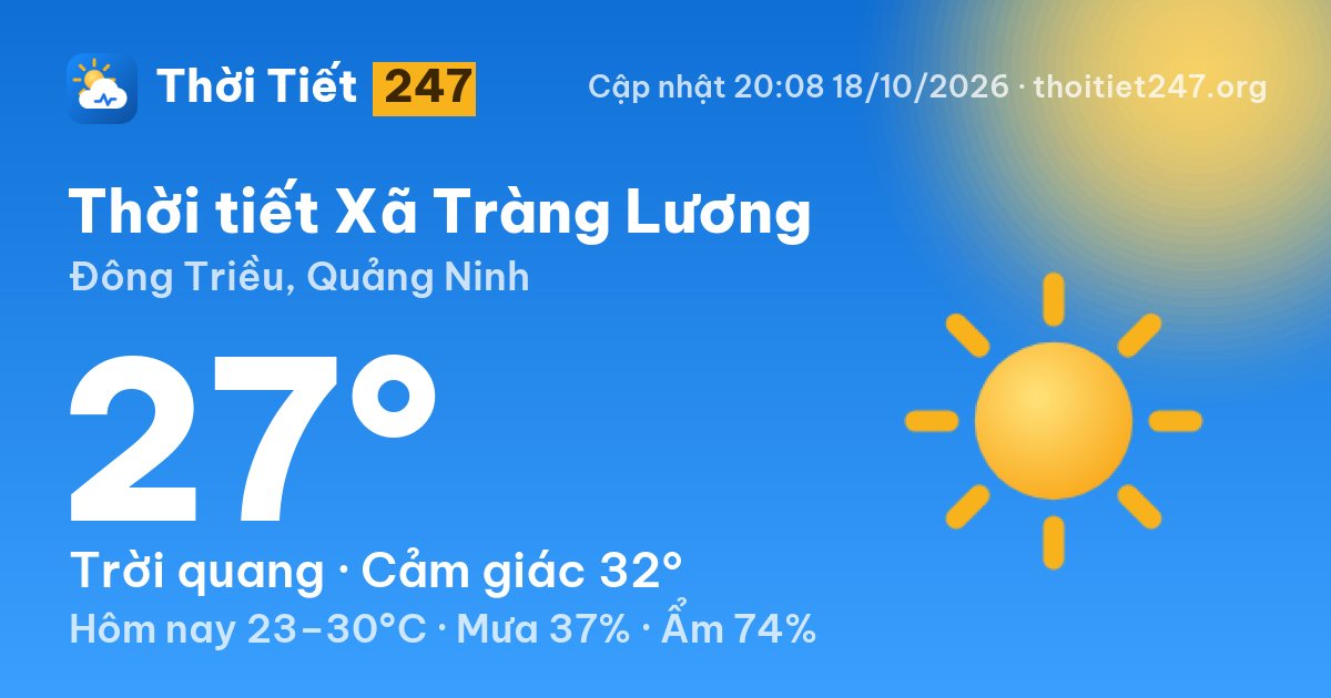Thời tiết Xã Tràng Lương hôm nay 18/10/2026: 27°C, trời quang