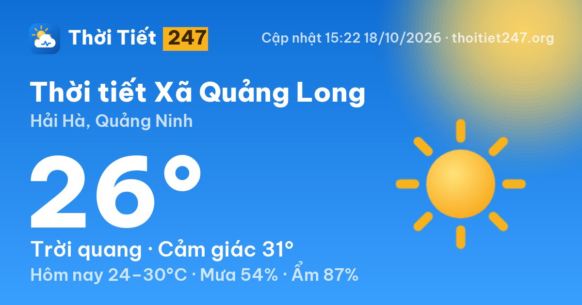 Thời tiết Xã Quảng Long hôm nay 18/10/2026: 26°C, trời quang