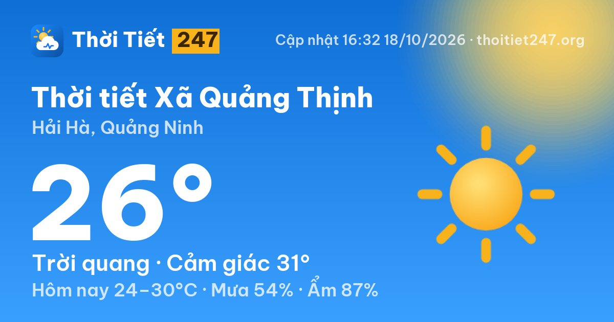 Thời tiết Xã Quảng Thịnh hôm nay 18/10/2026: 26°C, trời quang