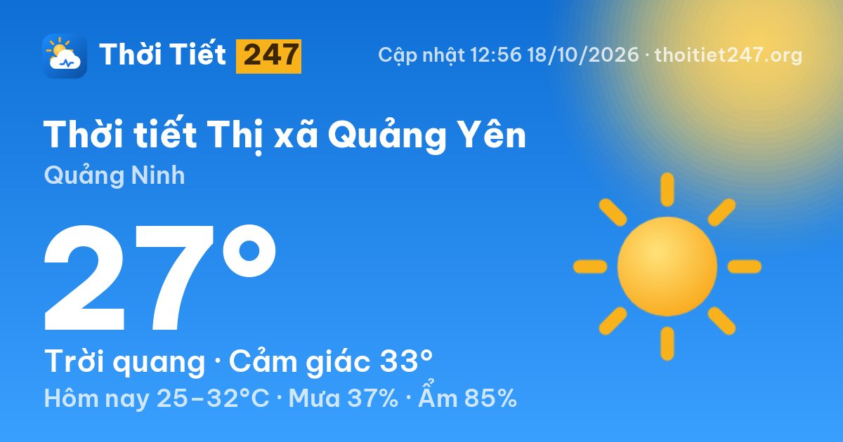 Thời tiết Thị xã Quảng Yên hôm nay 18/10/2026: 27°C, trời quang