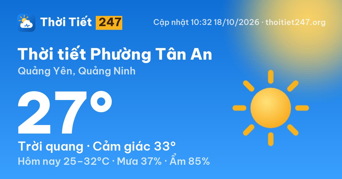 Thời tiết Phường Tân An hôm nay 18/10/2026: 27°C, trời quang