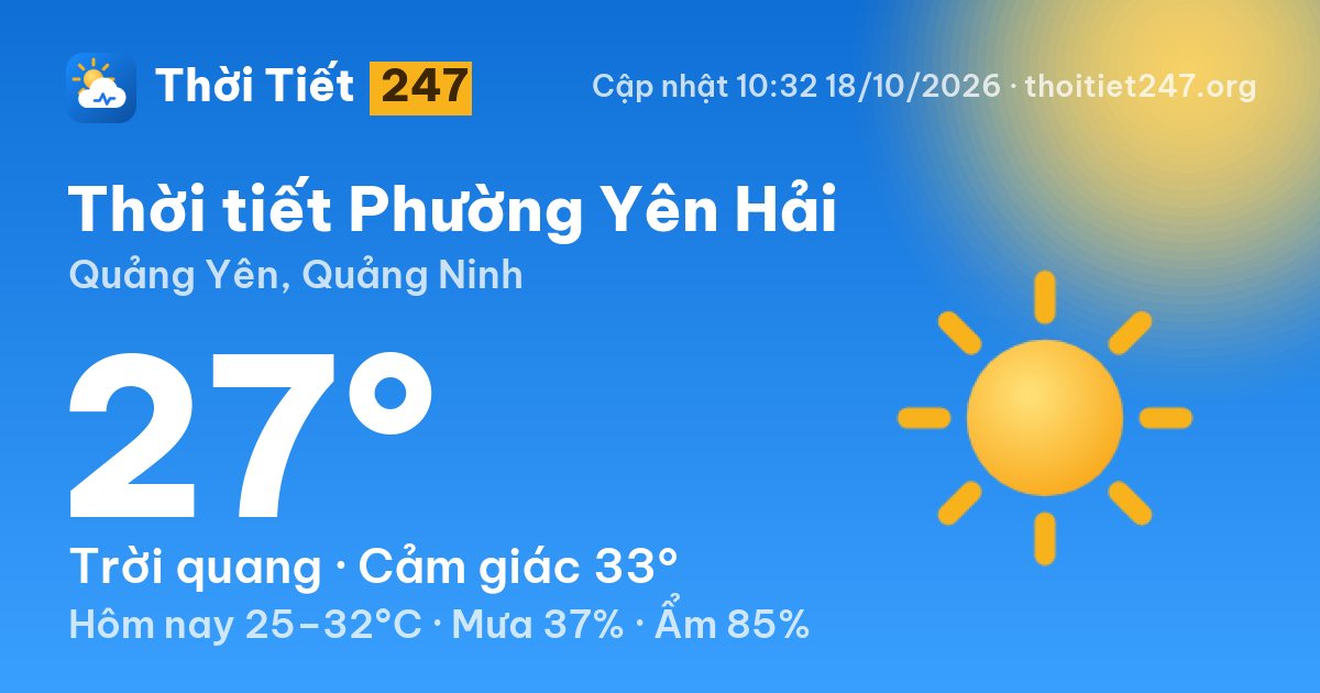 Thời tiết Phường Yên Hải hôm nay 18/10/2026: 27°C, trời quang
