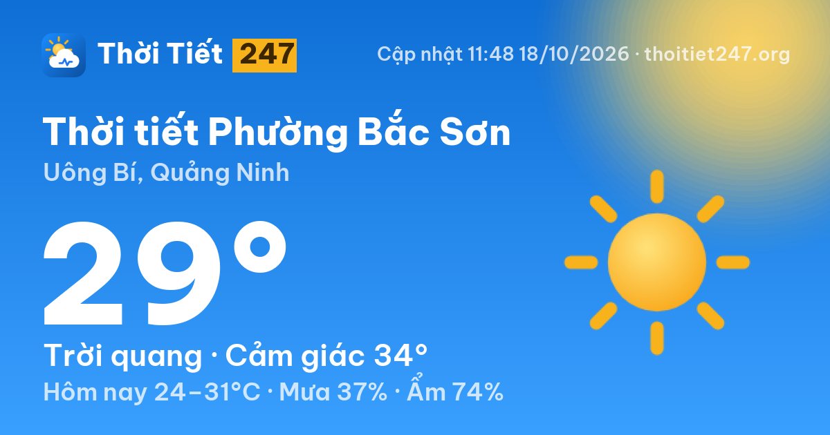 Thời tiết Phường Bắc Sơn hôm nay 18/10/2026: 29°C, trời quang