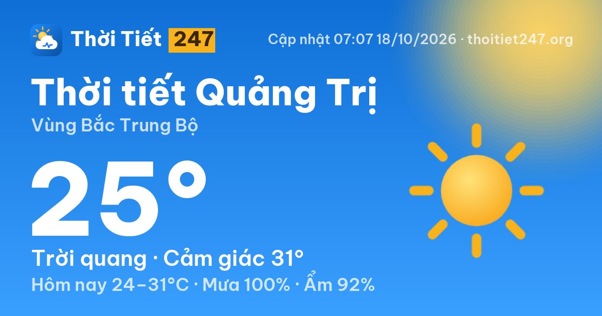 Thời tiết Quảng Trị hôm nay 18/10/2026: 25°C, trời quang