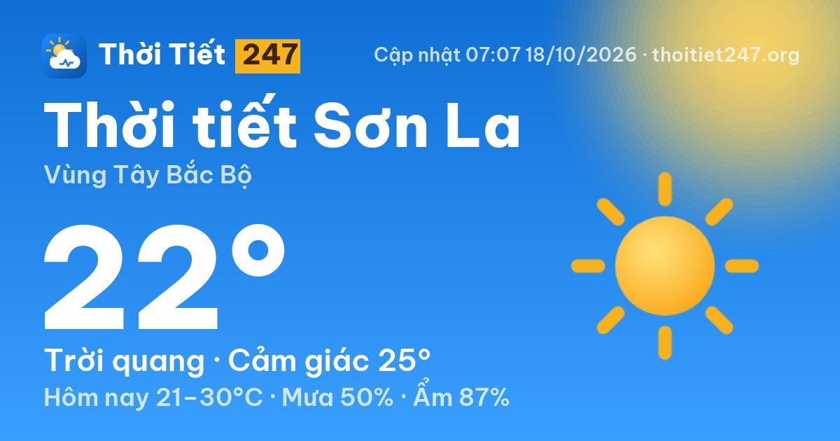 Thời tiết Sơn La hôm nay 18/10/2026: 22°C, trời quang