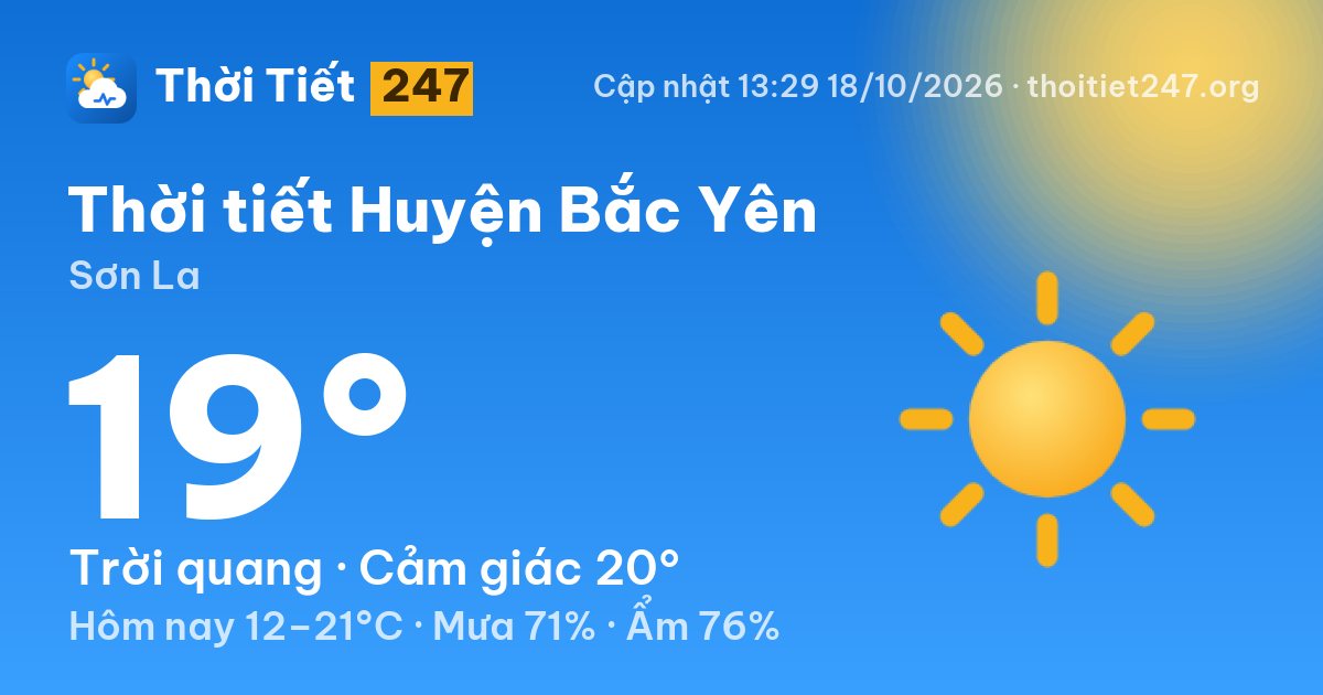 Thời tiết Huyện Bắc Yên hôm nay 18/10/2026: 19°C, trời quang
