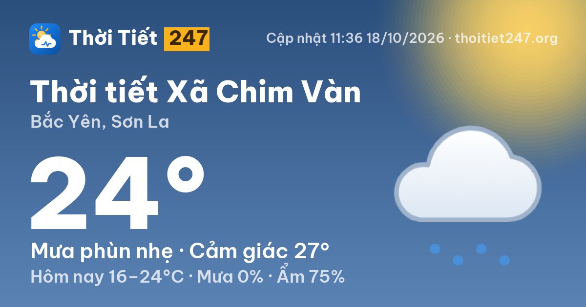 Thời tiết Xã Chim Vàn hôm nay 18/10/2026: 24°C, mưa phùn nhẹ