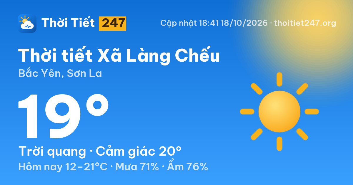 Thời tiết Xã Làng Chếu hôm nay 18/10/2026: 19°C, trời quang
