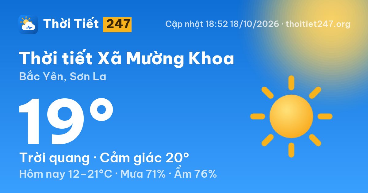 Thời tiết Xã Mường Khoa hôm nay 18/10/2026: 19°C, trời quang