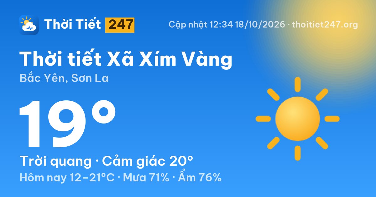 Thời tiết Xã Xím Vàng hôm nay 18/10/2026: 19°C, trời quang