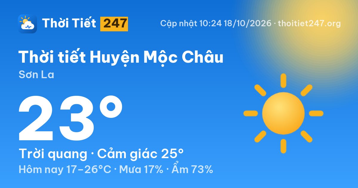 Thời tiết Huyện Mộc Châu hôm nay 18/10/2026: 18°C, sương mù