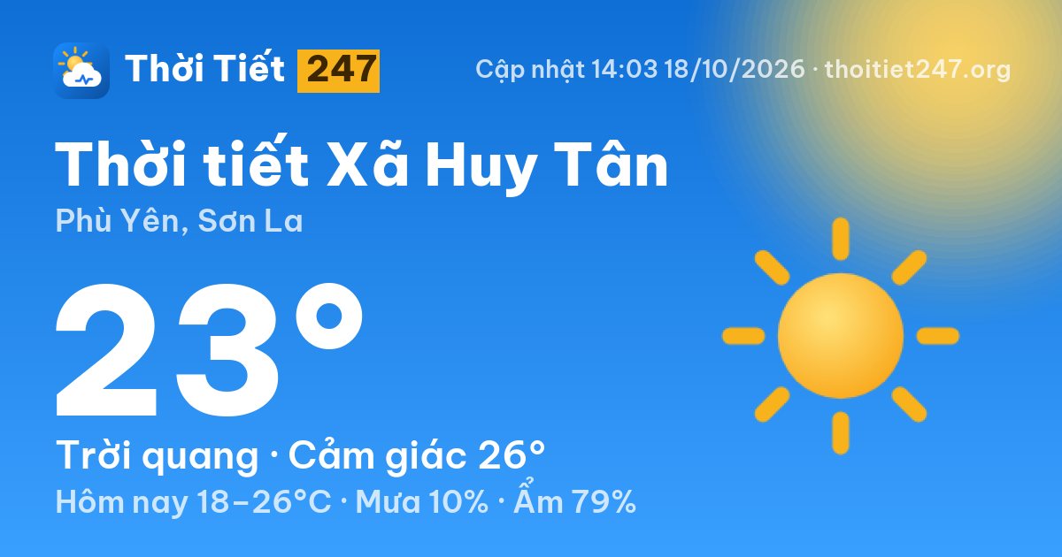 Thời tiết Xã Huy Tân hôm nay 18/10/2026: 23°C, trời quang