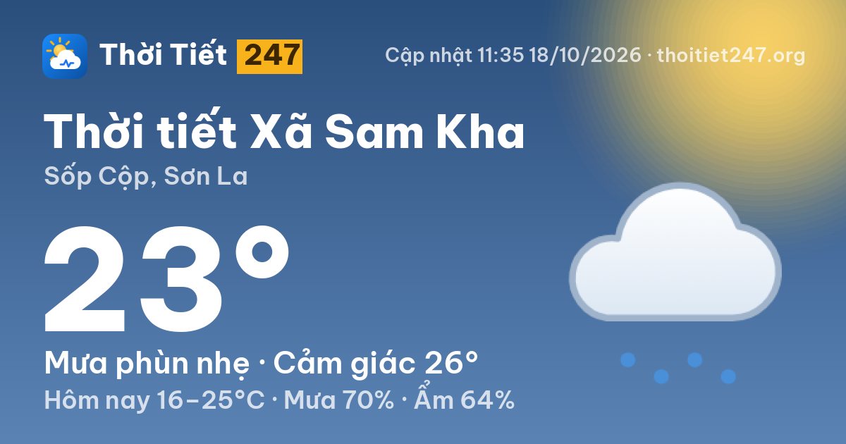 Thời tiết Xã Sam Kha hôm nay 18/10/2026: 23°C, mưa phùn nhẹ