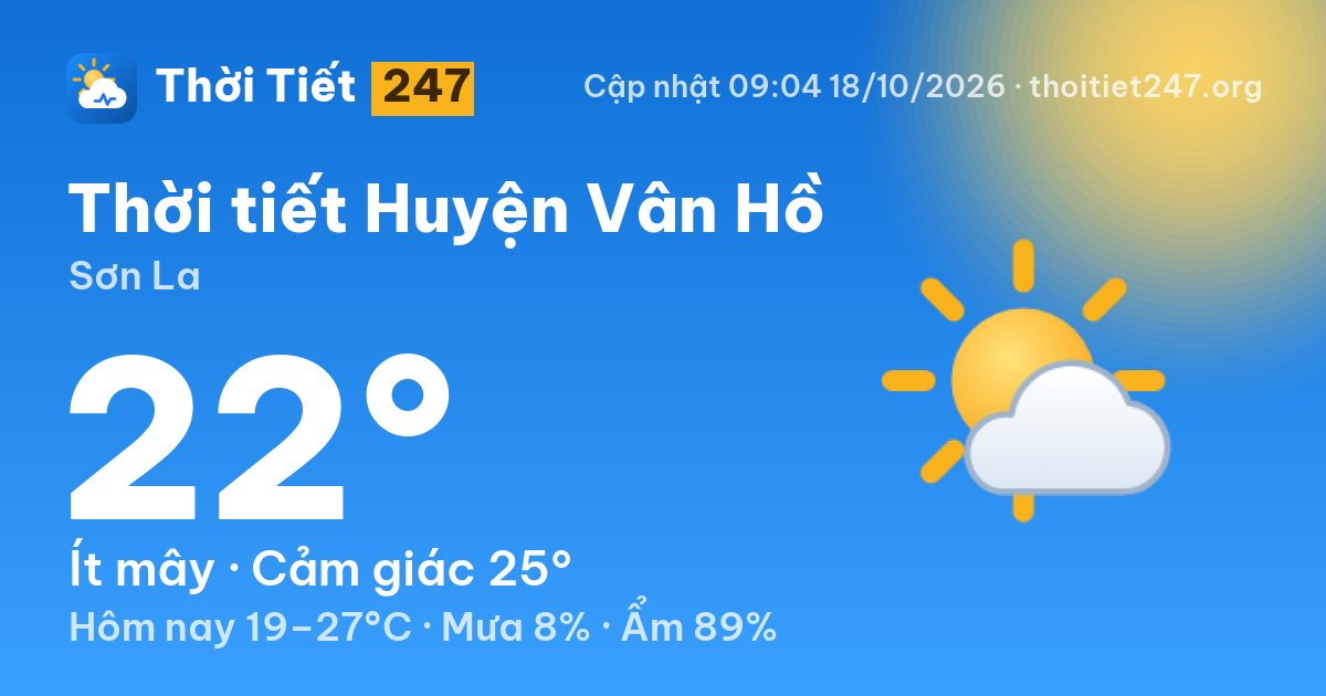 Thời tiết Huyện Vân Hồ hôm nay 18/10/2026: 22°C, ít mây