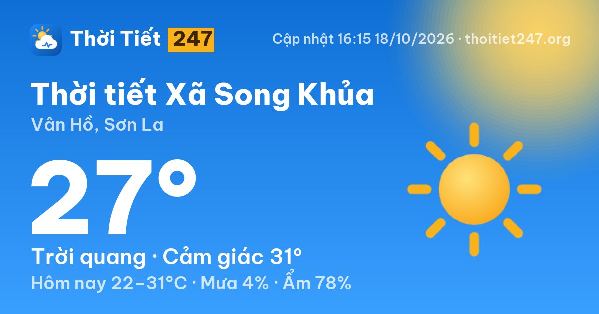 Thời tiết Xã Song Khủa hôm nay 18/10/2026: 27°C, trời quang
