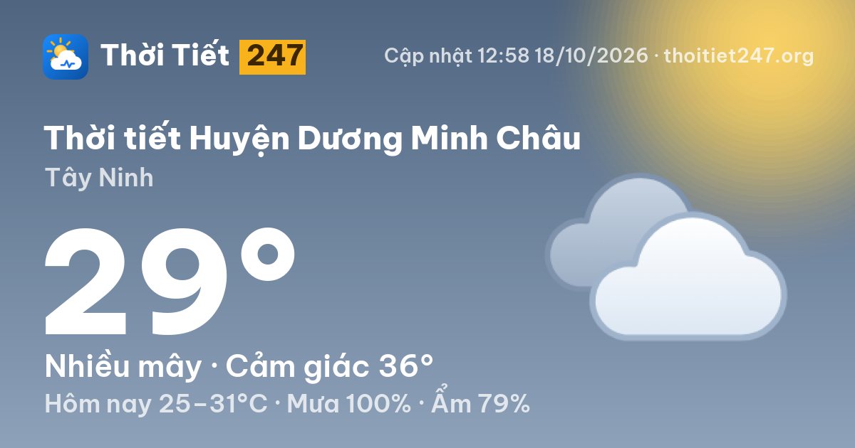 Thời tiết Huyện Dương Minh Châu hôm nay 18/10/2026: 29°C, nhiều mây