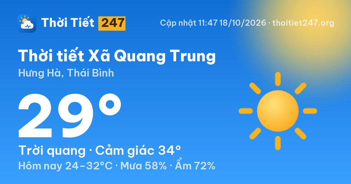 Thời tiết Xã Quang Trung hôm nay 18/10/2026: 29°C, trời quang