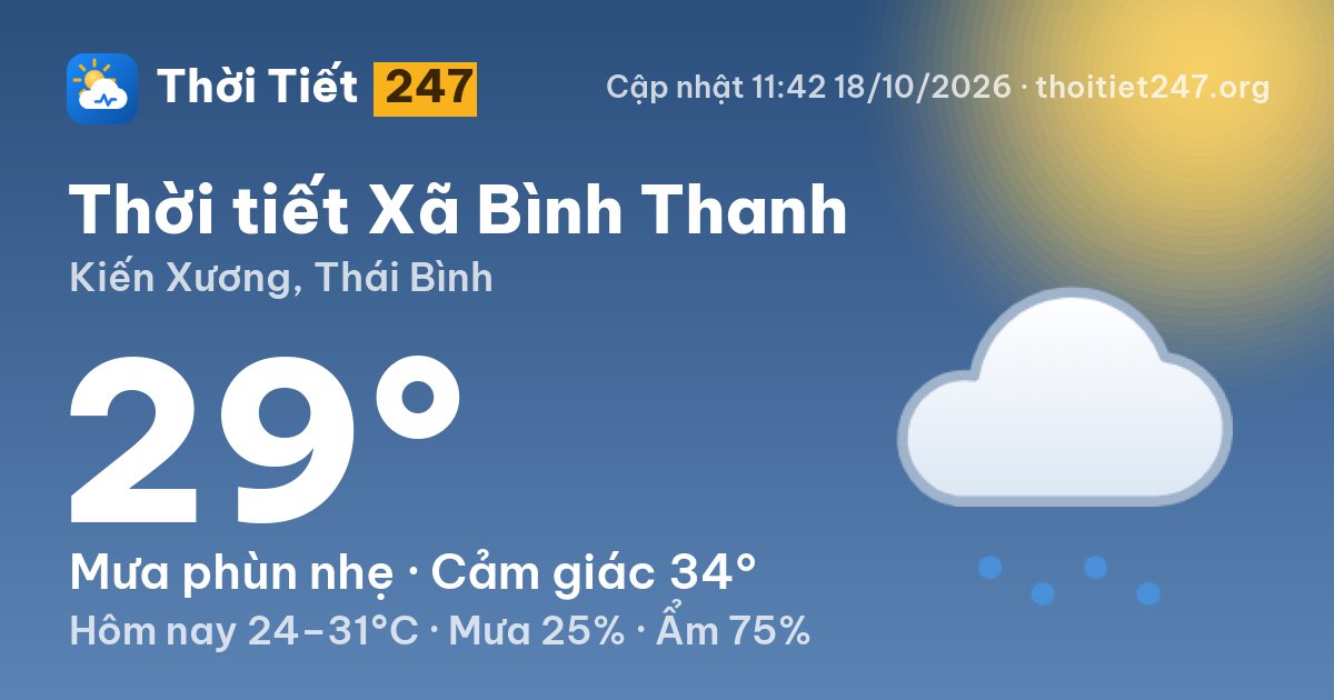 Thời tiết Xã Bình Thanh hôm nay 18/10/2026: 29°C, mưa phùn nhẹ