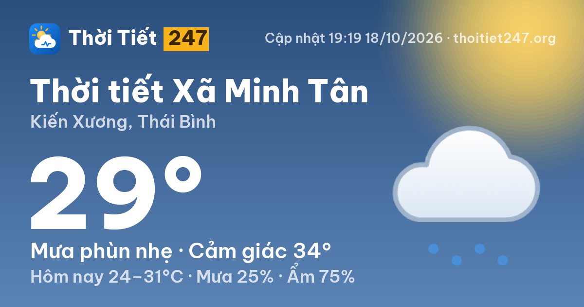 Thời tiết Xã Minh Tân hôm nay 18/10/2026: 29°C, mưa phùn nhẹ