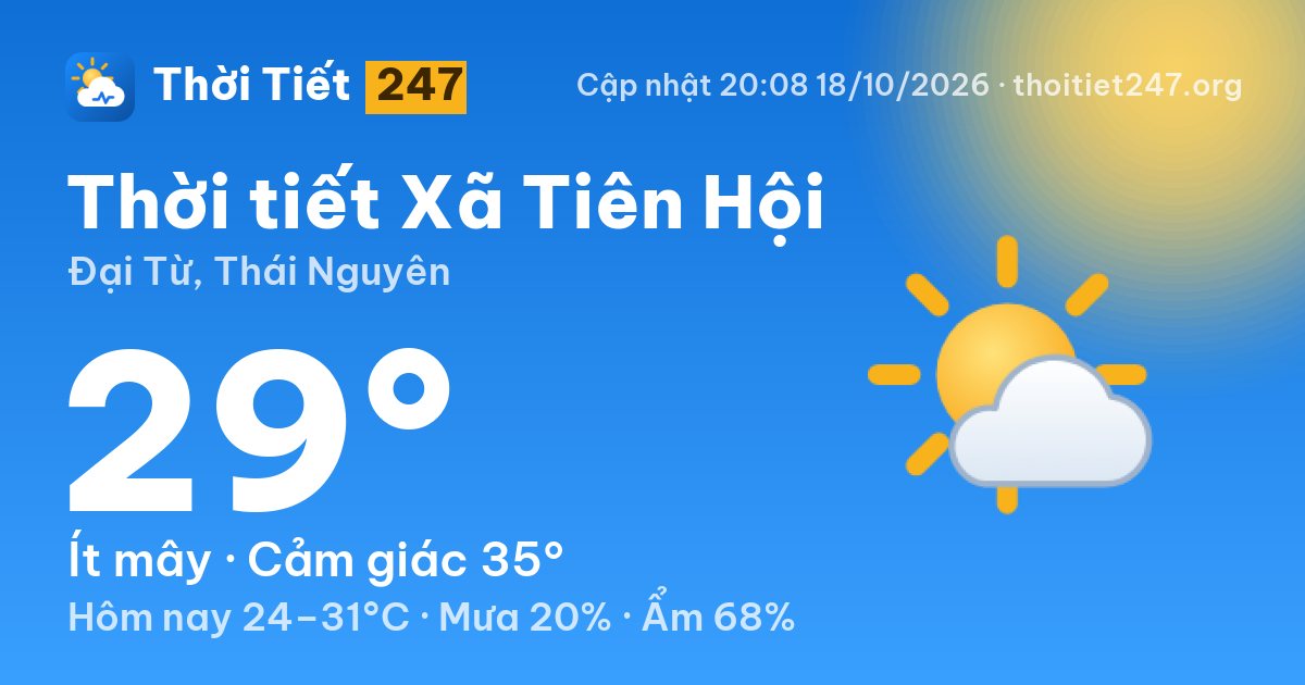Thời tiết Xã Tiên Hội hôm nay 18/10/2026: 29°C, ít mây