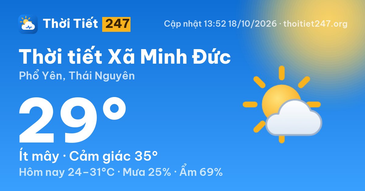 Thời tiết Xã Minh Đức hôm nay 18/10/2026: 29°C, ít mây