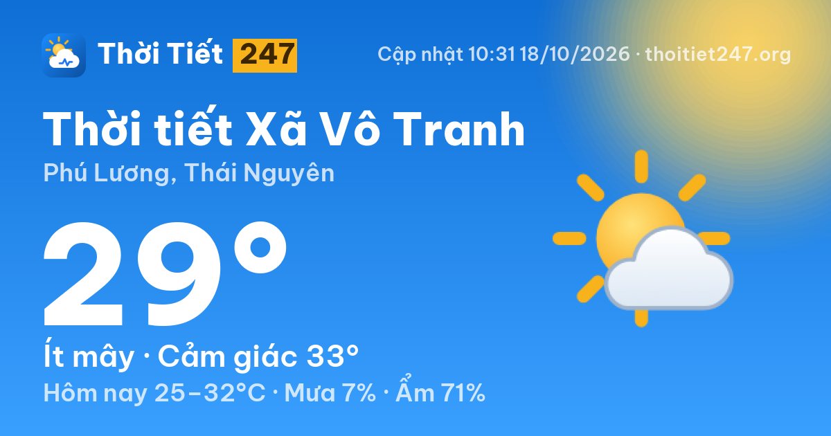 Thời tiết Xã Vô Tranh hôm nay 18/10/2026: 29°C, ít mây