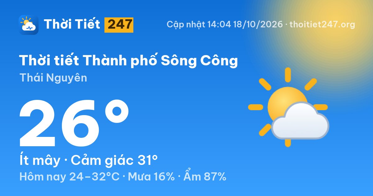 Thời tiết Thành phố Sông Công hôm nay 18/10/2026: 26°C, ít mây