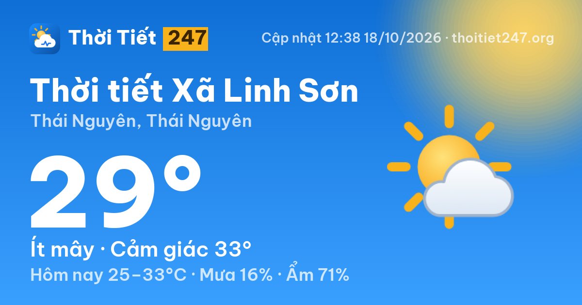 Thời tiết Xã Linh Sơn hôm nay 18/10/2026: 29°C, ít mây